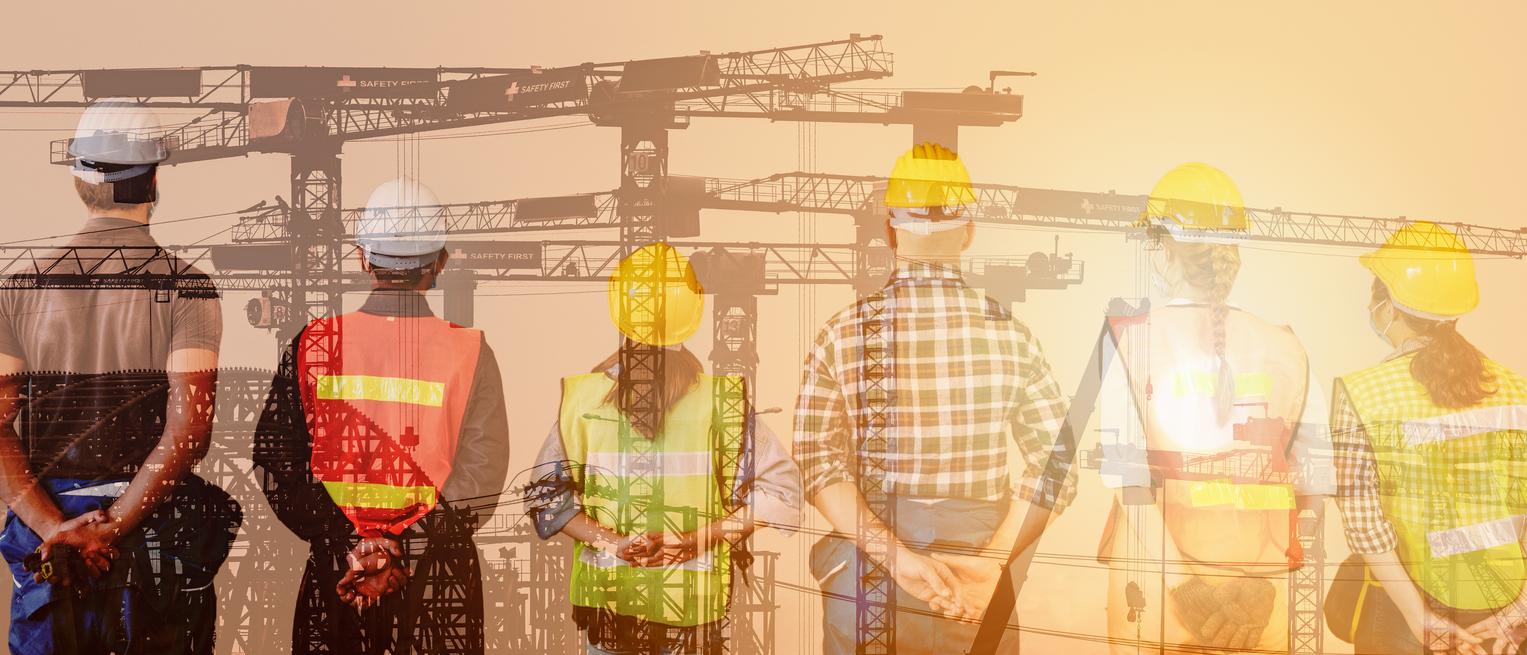 multiexposure construction industrial background of construction project engineers and workers overlay with silhouette construction project site background